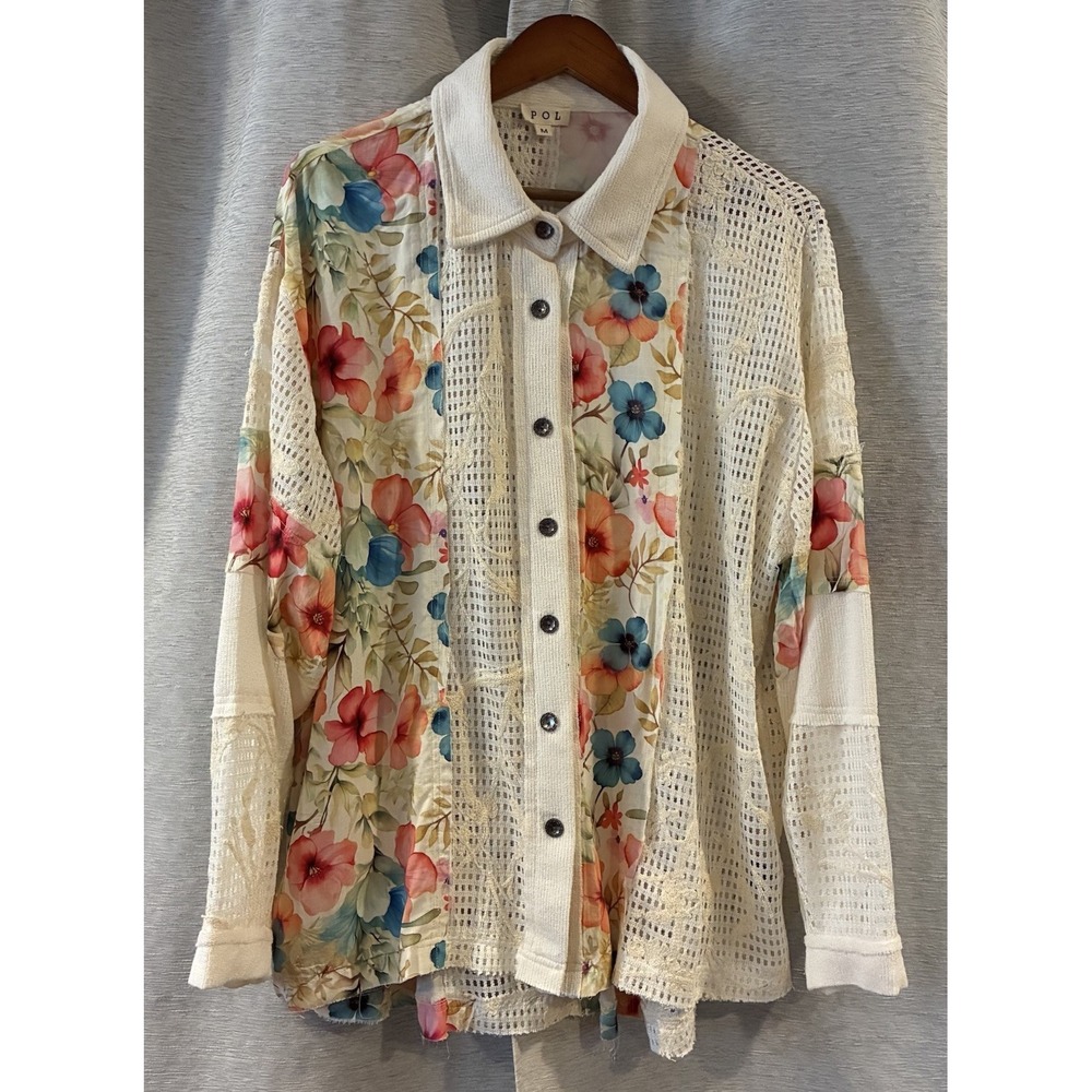 POL Lace Long Sleeve Shirt with Floral Pattern Boho Beach Size Medium